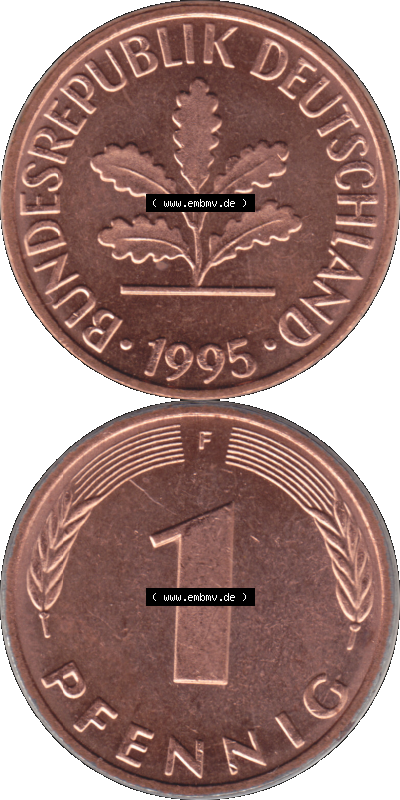 1 Pfennig Umlaufmünze in PNG 1950-2001, 1 Pfennig 1995, 1990er Jahre Stuttgart F Sammlung