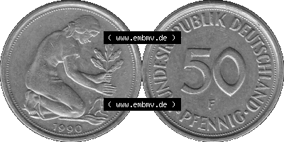 BRD Münzen Deutschland F 50 Pf. Umlaufmünze in Graustufen PNG 1950-2001, 50 Pfennig 1990 Münzzeichen "F" für Stuttgart - "F" Sammlung