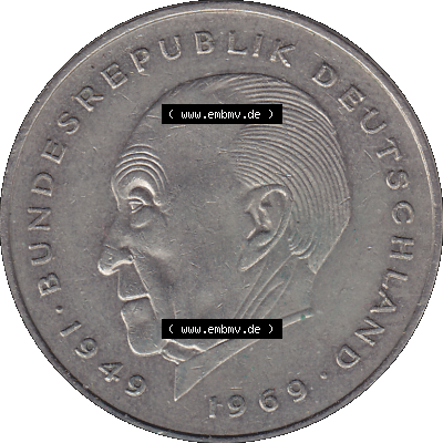 BRD Münzen 2 DM, Gedenkmünze 1969-1987, 2 DM, Deutsche Mark Konrad Adenauer 1986 G-1. Rückseite mit Wert-Zahl von 2 Deutsche... Sammlung
