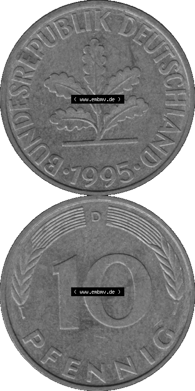 BRD Münzen 10 Pf. Umlaufmünze in PNG 1950-2001, 10 Pfennig 1995 D-01 Graustufen. Graustufen-Bild erstellt aus Farbigen Bild... Sammlung