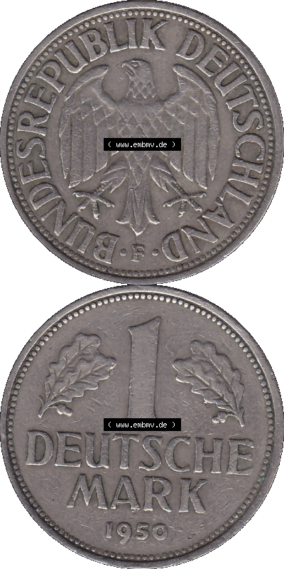 BRD Münzen 1 DM, Umlaufmünze 1950-2001, 1 / Eine DM - Eine Deutsche Mark, 1950 F-1. Münzen-Rückseite und Münzen-Vorderseite... Sammlung