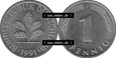 1 Pfennig Umlaufmünze in Graustufen PNG 1950-2001, 1 Pfennig 1991 München D Sammlung