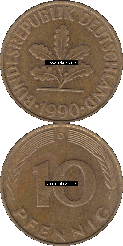 BRD Münzen 10 Pf. Umlaufmünze in PNG 1950-2001, 10 Pfennig 1990 D-01. Vorderseite und Rückseite auf einen Bild / Foto vertikal... Sammlung
