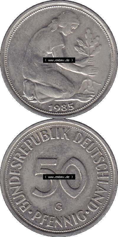 PNG 1950-2001, 50 Pfennig BRD Deutschland 1985 Münzstätte in Karlsruhe Mzz. G Sammlung