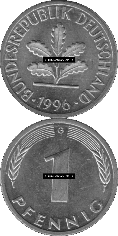 1 Pfennig BRD-Deutschland Umlaufmünze in Graustufen PNG 1950-2001, 1 Pfennig 1996, 1990er Jahre Münzstätte Karlsruhe G-01 Sammlung
