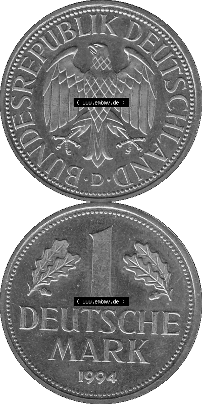 BRD Deutschland Münzen 1 / Eine DM / Eine Deutsche Mark in Graustufen PNG 1950-2001, 1 DM Deutsche Mark, 1994 Münzzeichen für... Sammlung