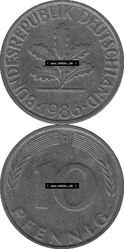 BRD Münzen 10 Pf. Umlaufmünze in PNG 1950-2001, 10 Pfennig 1986 D-07 Graustufen. Graustufen-Bild erstellt aus Farbigen Bild... Sammlung