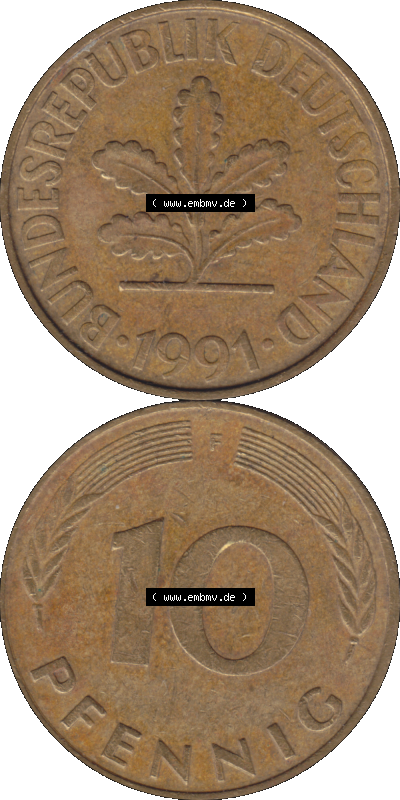 BRD Münzen 10 Pf. Umlaufmünze in PNG 1950-2001, 10 Pfennig 1991 F-05. Vorderseite und Rückseite auf einen Bild / Foto vertikal... Sammlung