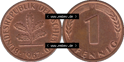 1 Pfennig Umlaufmünze in PNG 1950-2001, 1 Pfennig 1967, 1960er Jahre Stuttgart F, 1 / Ein - Pfennig BRD F, mit Mzz. F für Münzstätte... Sammlung