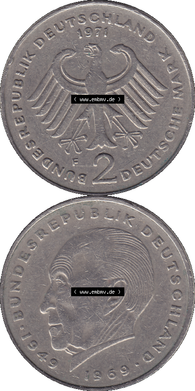 PNG 1969-1987, 2 DM, Deutsche Mark Konrad Adenauer 1971 Münzzeichen Mzz Stuttgart F Sammlung