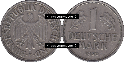 BRD Münzen 1 DM, Umlaufmünze 1950-2001, 1 / Eine DM - Eine Deutsche Mark, 1950 F-1. Münzen-Rückseite und Münzen-Vorderseite... Sammlung