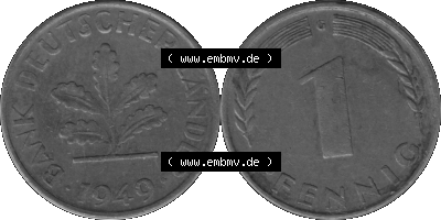 1 Pfennig BRD-Deutschland Umlaufmünze in Graustufen PNG 1948-1949, 1 Pfennig 1949, 1950er Jahre Münzstätte Karlsruhe G-01 Sammlung