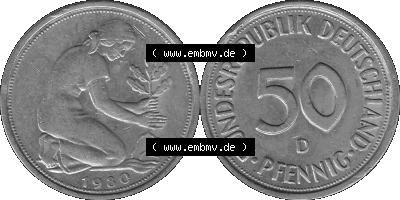 BRD Münzen Deutschland D 50 Pf. Umlaufmünze in Graustufen PNG 1950-2001, 50 Pfennig 1980 Münzzeichen "D" für München - "D" Sammlung