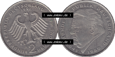 2 DM, Deutsche Mark Franz Josef Strauß 1991 mit Münzzeichen Berlin, A Sammlung