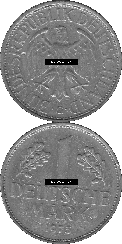 BRD Deutschland Münzen 1 / Eine DM / Eine Deutsche Mark in Graustufen PNG 1950-2001, 1 DM Deutsche Mark, 1973 Münzzeichen Karlsruhe... Sammlung