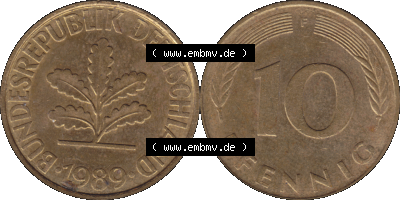 BRD Münzen 10 Pf. Umlaufmünze in PNG 1950-2001, 10 Pfennig 1989 F-01. Vorderseite und Rückseite mit Wert-Zahl auf einen Bild... Sammlung