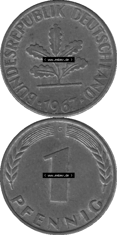 1 Pfennig BRD-Deutschland Umlaufmünze in Graustufen PNG 1950-2001, 1 Pfennig 1967, 1960er Jahre Münzstätte Karlsruhe G-01 Sammlung