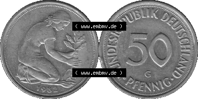 BRD Münzen Deutschland G 50 Pf. Umlaufmünze in Graustufen PNG 1950-2001, 50 Pfennig 1982 Münzzeichen "G" für Karlsruhe - "G" Sammlung