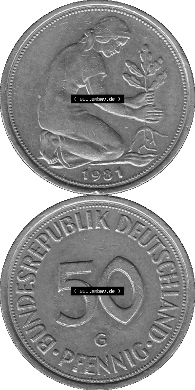 BRD Münzen Deutschland G 50 Pf. Umlaufmünze in Graustufen PNG 1950-2001, 50 Pfennig 1981 Münzzeichen "G" für Karlsruhe - "G" Sammlung