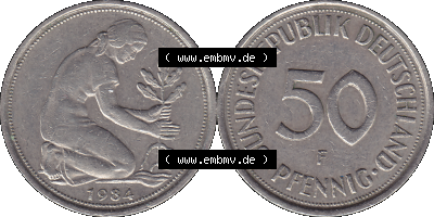 PNG 1950-2001, 50 Pfennig BRD Deutschland 1984 Münzstätte Stuttgart mit Mzz. F Sammlung