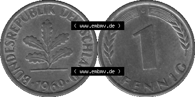 1 Pfennig BRD-Deutschland Umlaufmünze in Graustufen PNG 1950-2001, 1 Pfennig 1969, 1960er Jahre Münzstätte Karlsruhe G-01 Sammlung