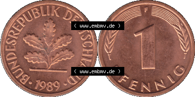 1 Pfennig Umlaufmünze in PNG 1950-2001, 1 Pfennig 1989, 1980er Jahre Stuttgart F Sammlung
