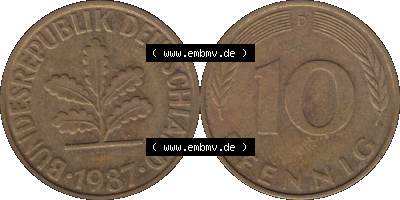 BRD Münzen 10 Pf. Umlaufmünze in PNG 1950-2001, 10 Pfennig 1987 D-01. Vorderseite und Rückseite mit Wert-Zahl auf einen Bild... Sammlung