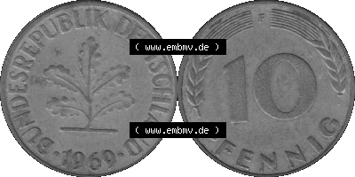 BRD Münzen 10 Pf. Umlaufmünze in PNG 1950-2001, 10 Pfennig 1969 F-08 Graustufen. Graustufen-Bild aus Farbigen Bilder mit Vorderseite... Sammlung