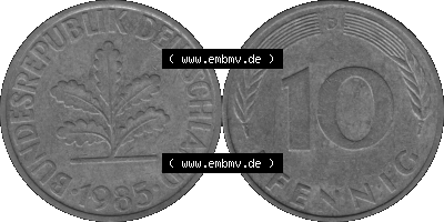 BRD Münzen 10 Pf. Umlaufmünze in PNG 1950-2001, 10 Pfennig 1985 D-01 Graustufen. Graustufen-Bilder der Vorderseite und Rückseite... Sammlung