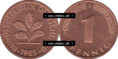 PNG 1950-2001, 1 Pfennig der BRD Deutschland 1985, 1980er Jahre Mzz. München D, 1 - Ein Pfennig Münze "D", mit Mzz. "D" für... Sammlung