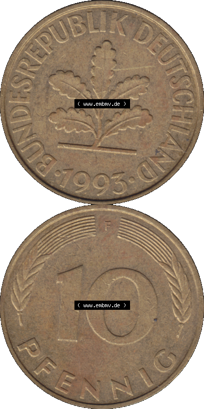 BRD Münzen 10 Pf. Umlaufmünze in PNG 1950-2001, 10 Pfennig 1993 F-01. Vorderseite und Rückseite auf einen Bild / Foto vertikal... Sammlung