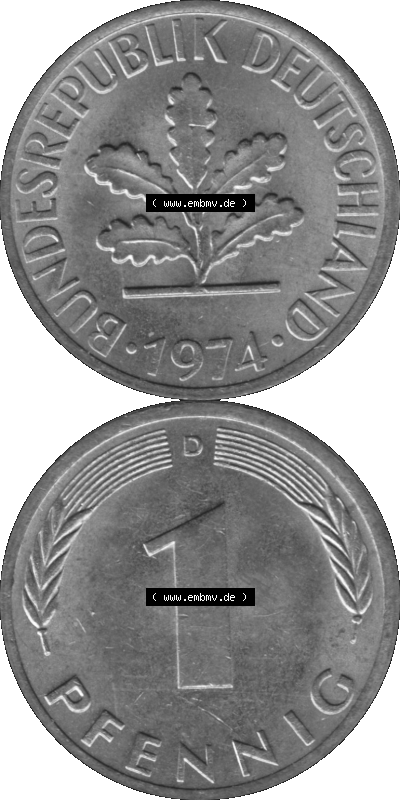 1 Pfennig Umlaufmünze in Graustufen PNG 1950-2001, 1 Pfennig 1974 München D Sammlung