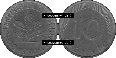BRD Münzen 10 Pf. Umlaufmünze in PNG 1950-2001, 10 Pfennig 1994 D-01 Graustufen. Graustufen-Bilder der Vorderseite und Rückseite... Sammlung