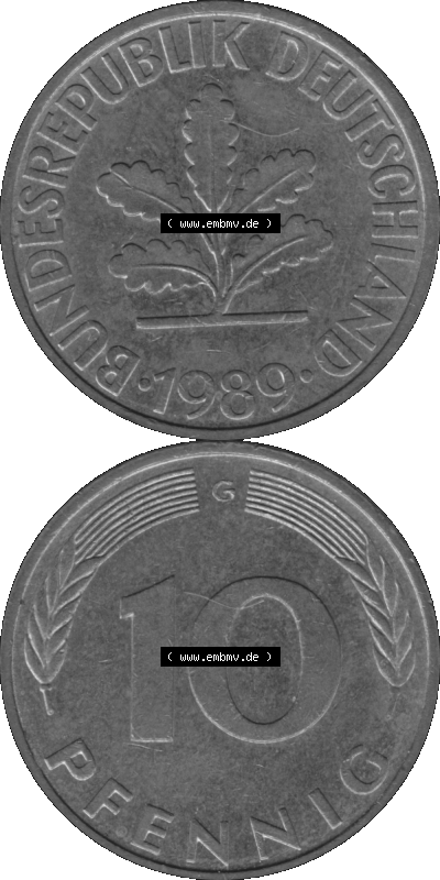 BRD Münzen 10 Pf. Umlaufmünze in PNG 1950-2001, 10 Pfennig 1989 G-10 Graustufen. Graustufen PNG-Bild, erstellt aus farbigen... Sammlung