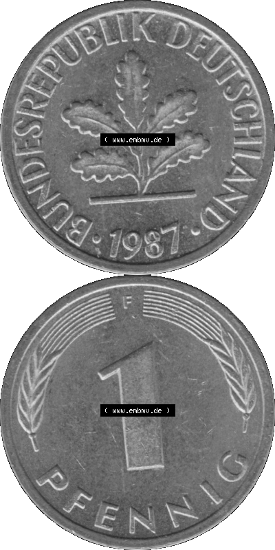 1 Pfennig Umlaufmünze in Graustufen PNG 1950-2001, 1 Pfennig 1987, 1980er Jahre Mzz. F Sammlung