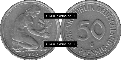 BRD Münzen Deutschland G 50 Pf. Umlaufmünze in Graustufen PNG 1950-2001, 50 Pfennig 1981 Münzzeichen "G" für Karlsruhe - "G" Sammlung