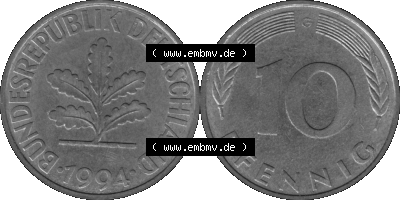 BRD Münzen 10 Pf. Umlaufmünze in PNG 1950-2001, 10 Pfennig 1994 G-01 Graustufen. Graustufen-Bild vom Scanner aus farbigen Bild... Sammlung