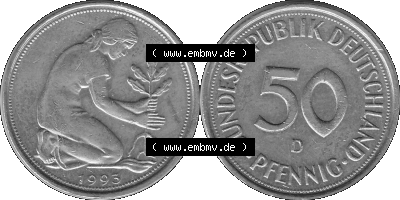 BRD Münzen Deutschland D 50 Pf. Umlaufmünze in Graustufen PNG 1950-2001, 50 Pfennig 1993 Münzzeichen "D" für München - "D" Sammlung