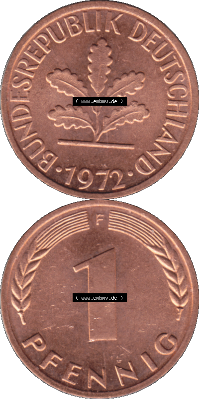 1 Pfennig Umlaufmünze in PNG 1950-2001, 1 Pfennig 1972, 1970er Jahre Stuttgart F, 1 / Ein Pfennig Münze Stuttgart Mzz. F Sammlung
