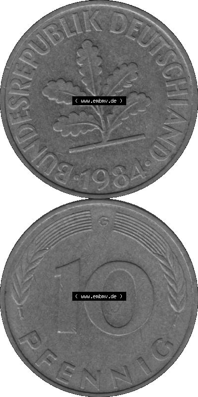 BRD Münzen 10 Pf. Umlaufmünze in PNG 1950-2001, 10 Pfennig 1984 G-01 Graustufen. Graustufen PNG-Bild, erstellt aus farbigen... Sammlung