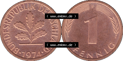 1 Pfennig Umlaufmünze in PNG 1950-2001, 1 Pfennig 1974, 1970er Jahre Stuttgart F, 1 / Ein - Pfennig BRD F, mit Mzz. F für Münzstätte... Sammlung