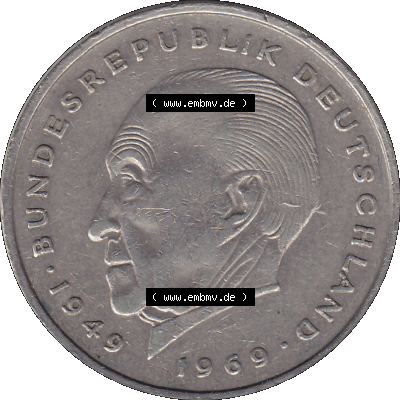 PNG 1969-1987, 2 DM, Deutsche Mark Konrad Adenauer 1970 Münzzeichen Mzz Stuttgart F Sammlung