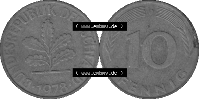 BRD Münzen 10 Pf. Umlaufmünze in PNG 1950-2001, 10 Pfennig 1978 D-01 Graustufen. Graustufen-Bilder der Vorderseite und Rückseite... Sammlung