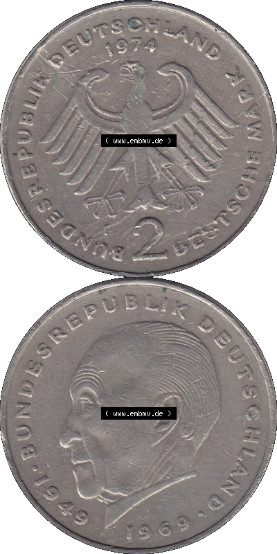 PNG 1969-1987, 2 DM, Deutsche Mark Konrad Adenauer 1974 Münzzeichen Mzz Stuttgart F Sammlung
