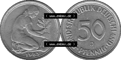 BRD Münzen Deutschland D 50 Pf. Umlaufmünze in Graustufen PNG 1950-2001, 50 Pfennig 1983 Münzzeichen "D" für München - "D" Sammlung