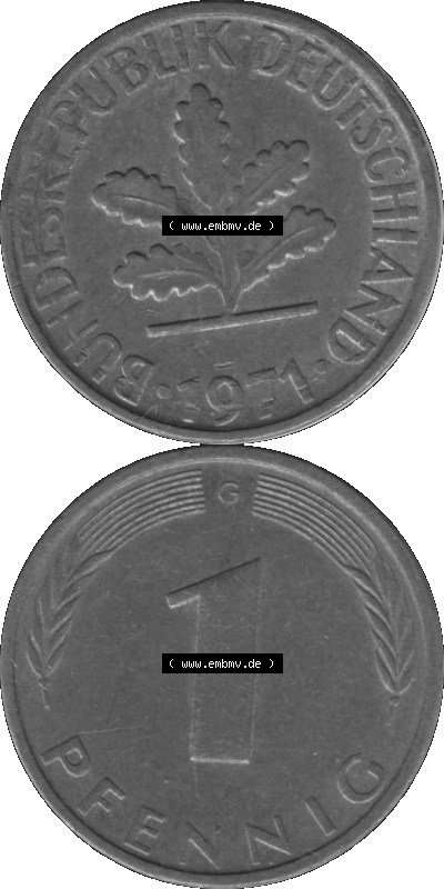 1 Pfennig BRD-Deutschland Umlaufmünze in Graustufen PNG 1950-2001, 1 Pfennig 1971, 1970er Jahre Münzstätte Karlsruhe G-01 Sammlung
