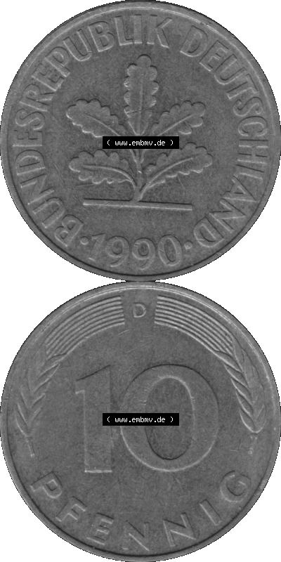 BRD Münzen 10 Pf. Umlaufmünze in PNG 1950-2001, 10 Pfennig 1990 D-01 Graustufen. Graustufen-Bild erstellt aus Farbigen Bild... Sammlung