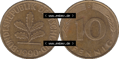 BRD Münzen 10 Pf. Umlaufmünze in PNG 1950-2001, 10 Pfennig 1990 D-01. Vorderseite und Rückseite mit Wert-Zahl auf einen Bild... Sammlung