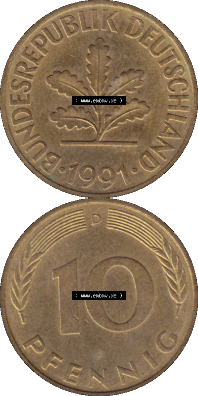 BRD Münzen 10 Pf. Umlaufmünze in PNG 1950-2001, 10 Pfennig 1991 D-03. Vorderseite und Rückseite auf einen Bild / Foto vertikal... Sammlung
