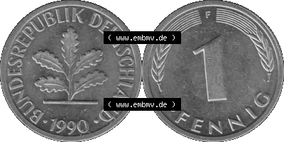 1 Pfennig Umlaufmünze in Graustufen PNG 1950-2001, 1 Pfennig 1990, 1990er Jahre Mzz. F Sammlung